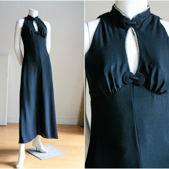 Black Halter Neck Maxi Dress with Rhinestone Detail - Picture 1 of 8
